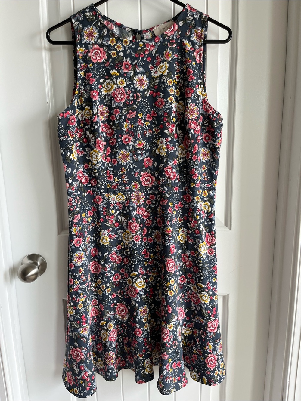 LOFT Navy Sleeveless Floral Midi Dress with Pink & Yellow Blooms